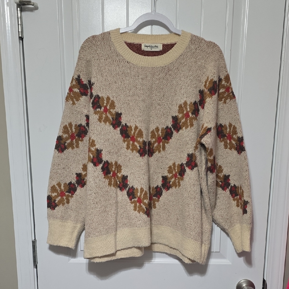 Impressions Beige Sweater with Floral Pattern M/L